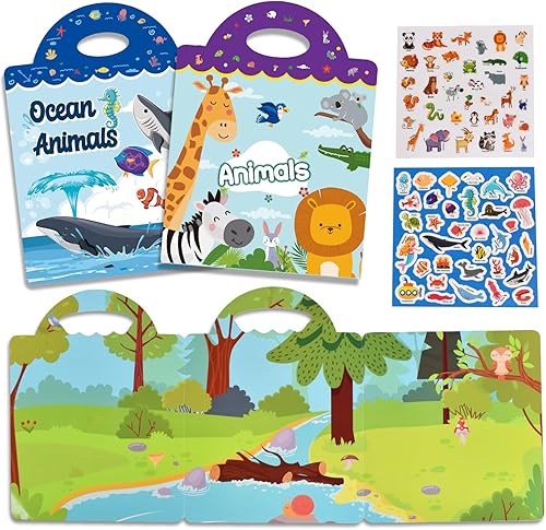 Miliocry Libro de calcomanías reutilizables para niños, calcomanías impermeables de animales y océanos, actividades de aprendizaje preescolar, libro