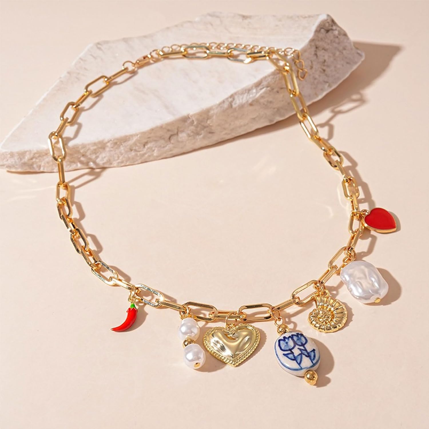 Gold Charm Necklace for Women White Pearl Choker Necklace Head Portrait Square Pendant Necklace Boho Charm Necklace Beach Necklace Jewelry for Women - Image 4