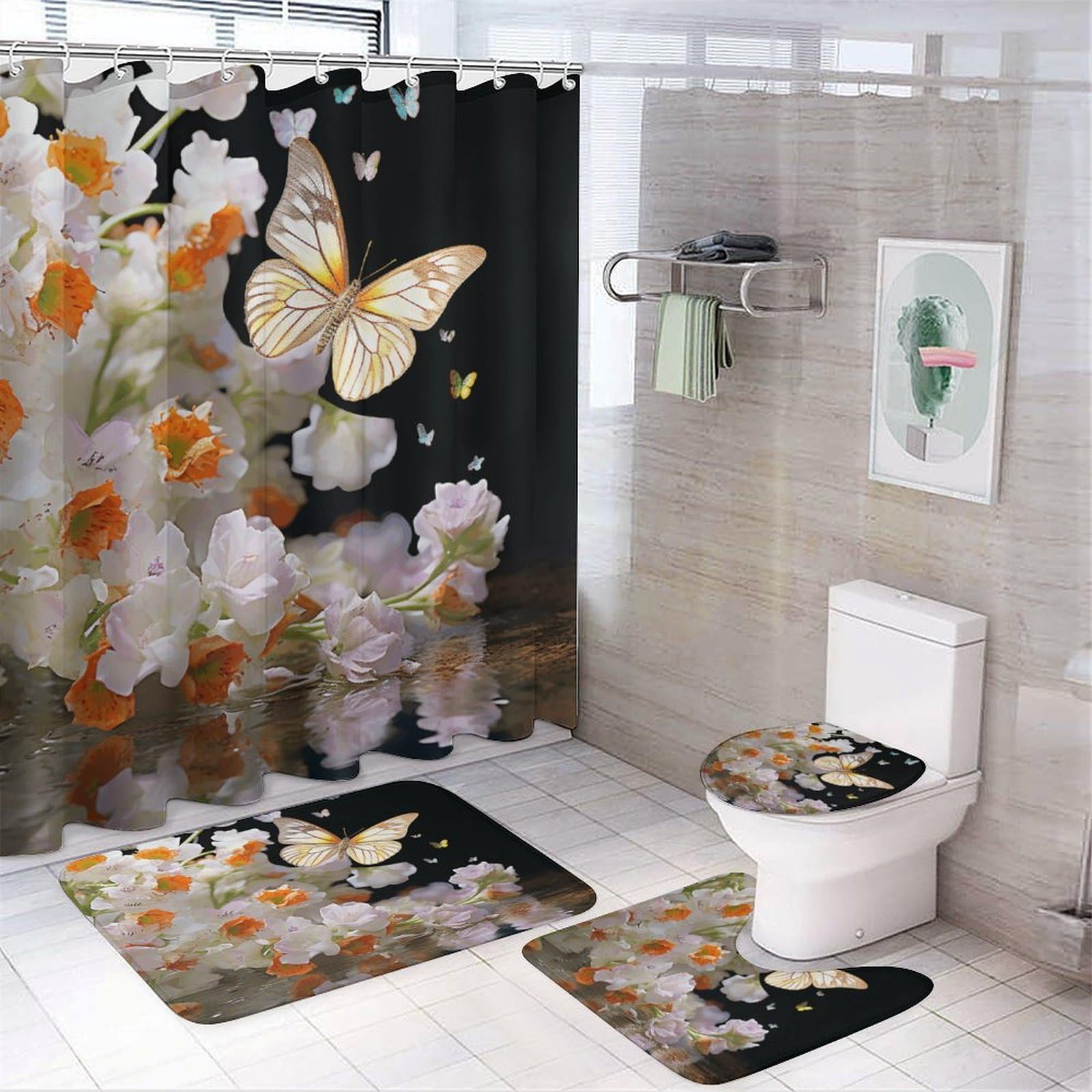 Rideau de douche et tapis de bain lot de 4 pièces avec motif papillons et fleurs de narcisse