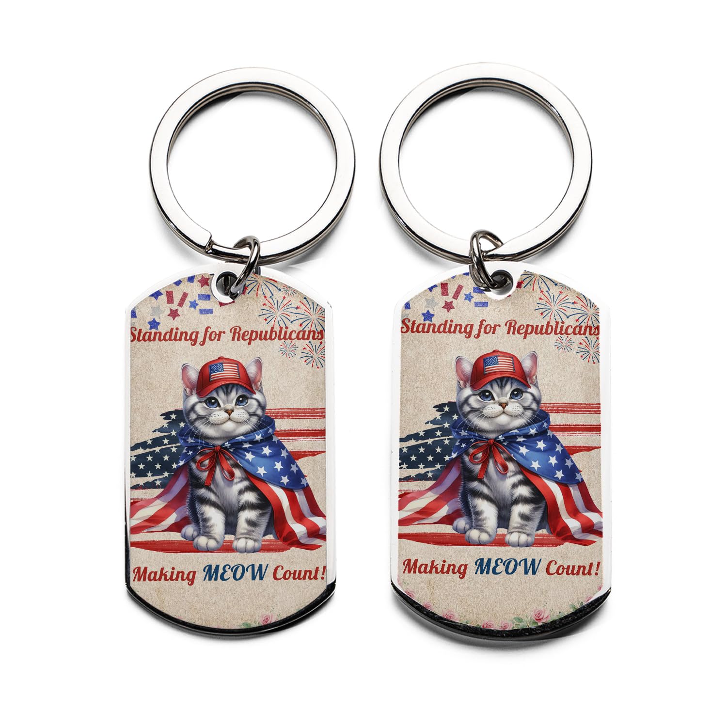 Ninety3POD Republican American Shorthair Making Meow Count Election 2024 Stainless Steel Keychain Cat Lover Kitten Owner Gifts Collar Charm Tag Keyring - 002