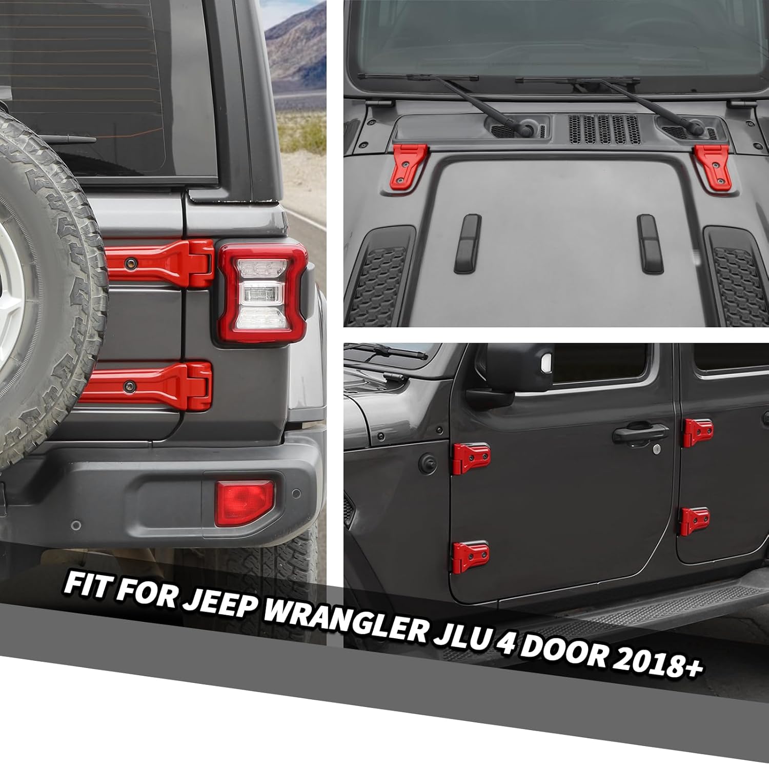 Jimen Fit for Jeep Wrangler JLU 4 Door 2018-2025, 24PCS Hood Hinge Cover & Tailgate Door Hinge Trim (Red)