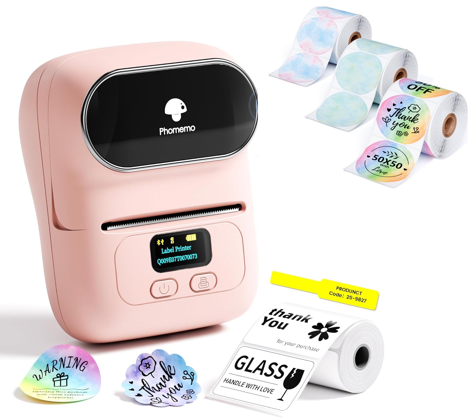 Phomemo M110 Etichettatrice con 4 rotoli di etichette, stampante termica portatile Bluetooth per etichette adesive, per uso in ufficio, codici a barre, piccole imprese, negozi