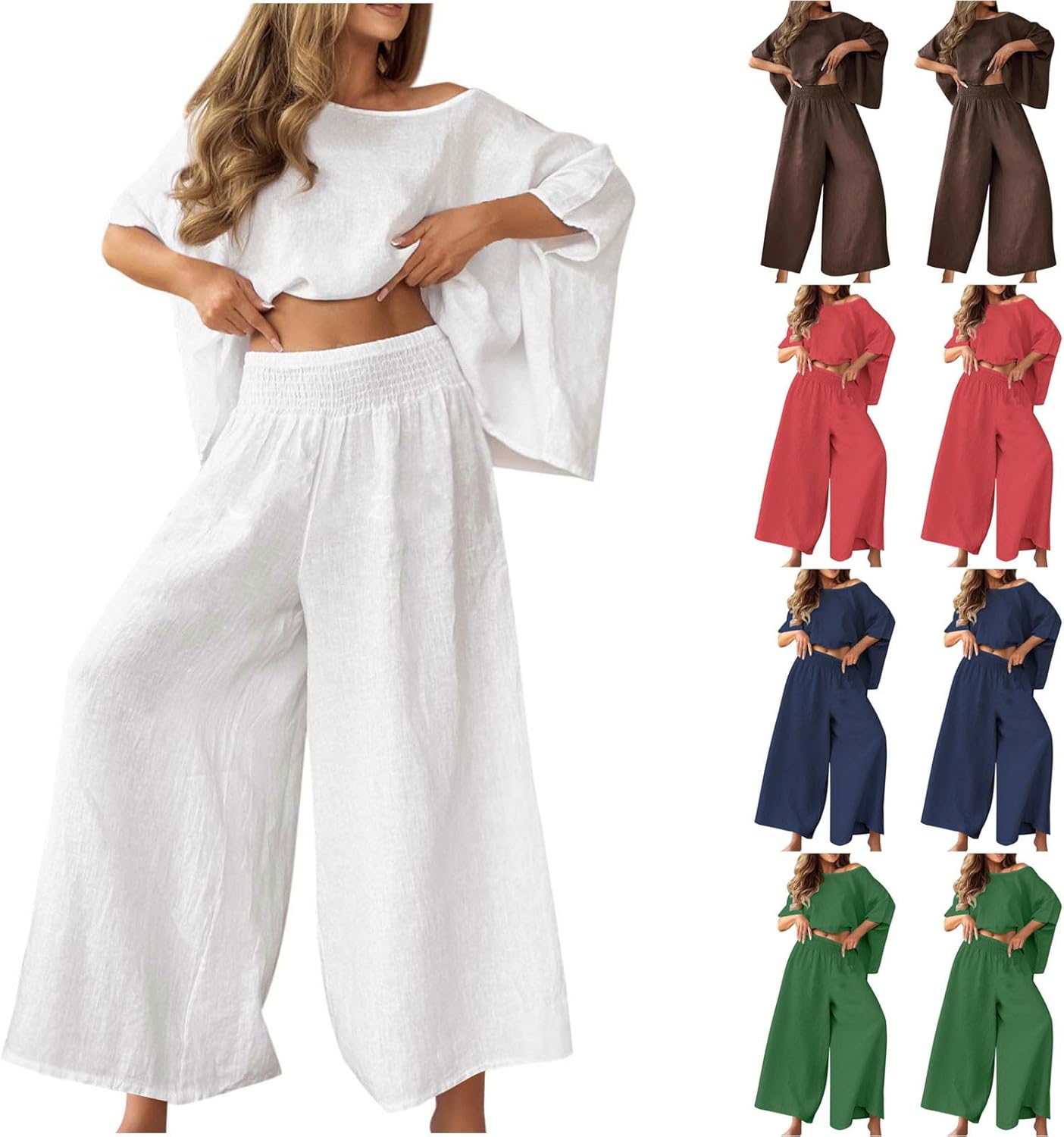 HGps8w Womens Cotton Linen 2 Piece Outfits Loose Crop Batwing Shirt and Wide Leg Pants Plus Size Trendy Lounge Vacation Sets