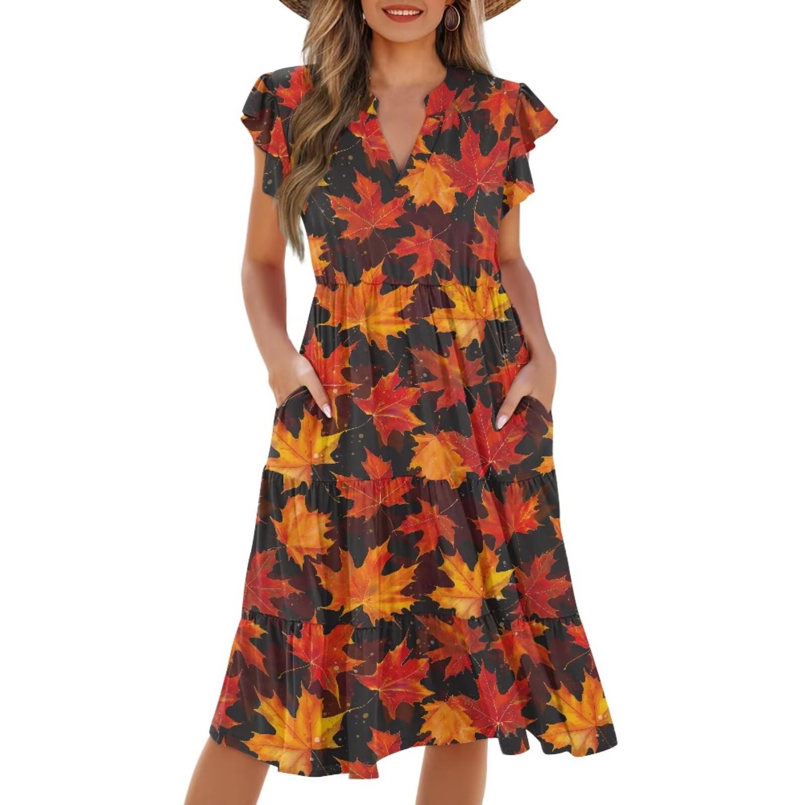 Womens Summer Dress Ruffle Sleeve V Neck Dress Casual Fit Flowy Beach Vacation Sundress with Pocket S-2XL