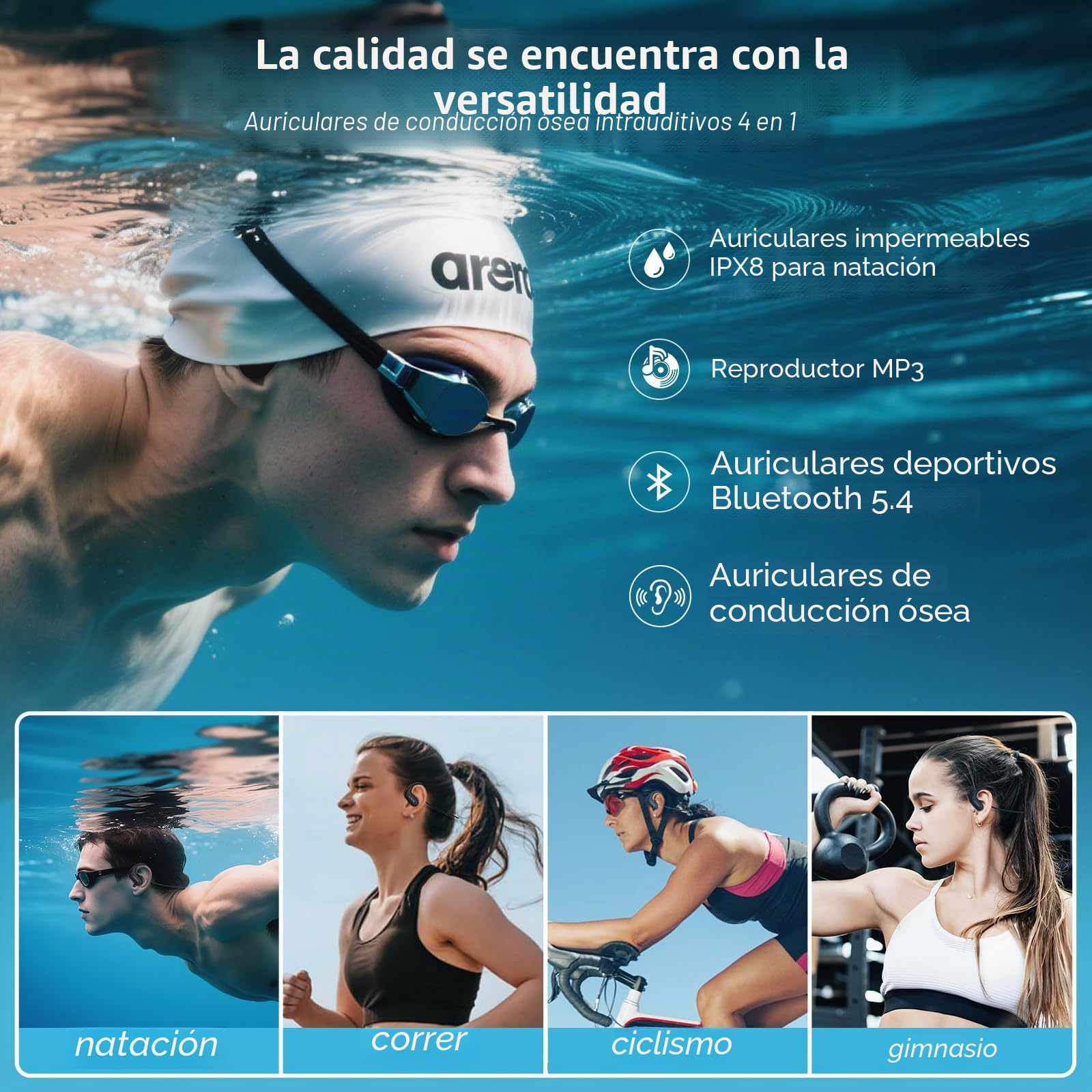 LOBKIN Auriculares Conducción Osea Natacion, IPX8 Resistente al Agua Acuaticos Inalámbricos Bluetooth 5.4, Auriculares Intraurales con 8G Mp3 para Nadar Correr Ciclismo