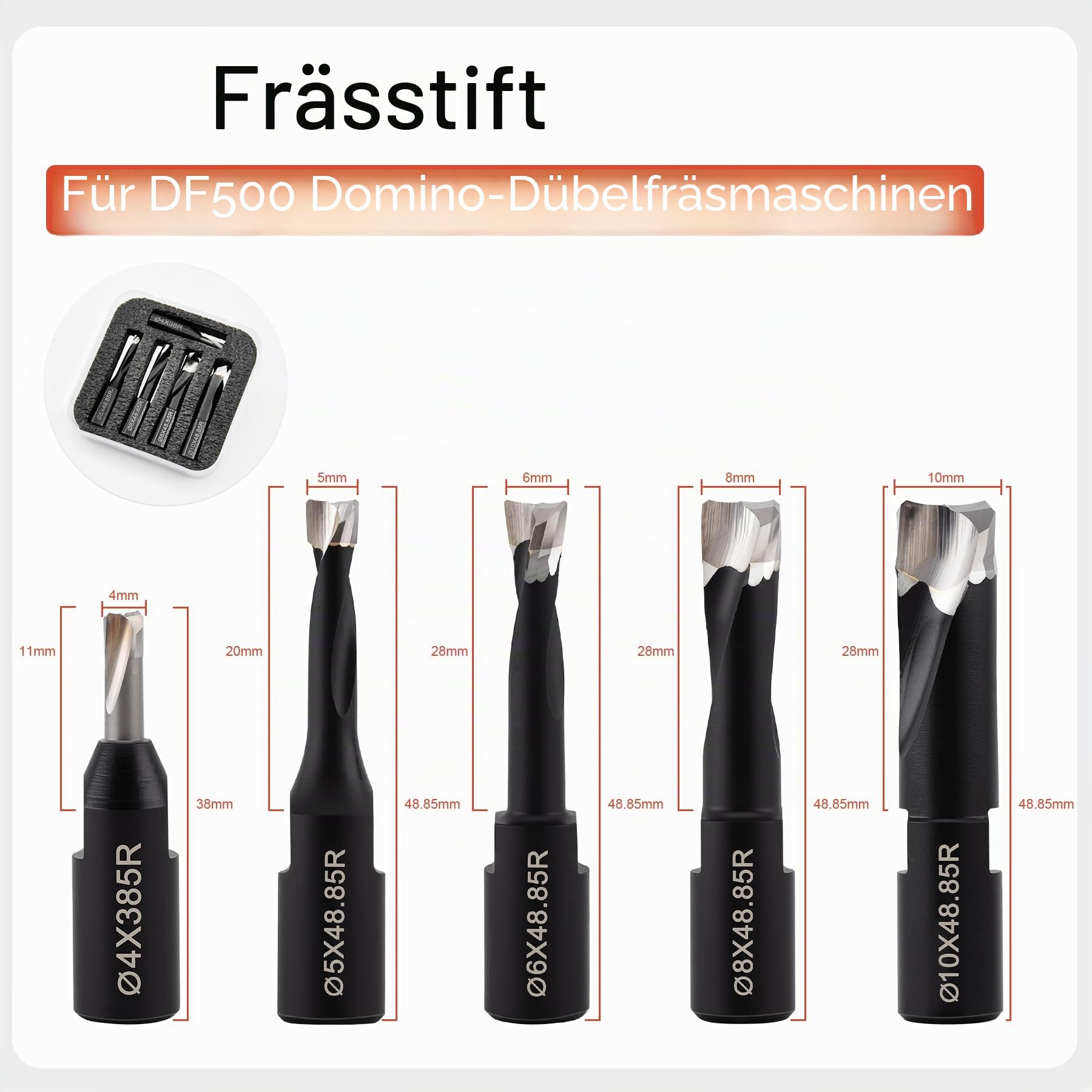 DOMINO HW Z2 Fräser-Set enthält 5 Vollhartmetall-Bits mit Durchmessern von 4 mm, 5 mm, 6 mm, 8 mm und 10 mm per DF500, 5 Stück