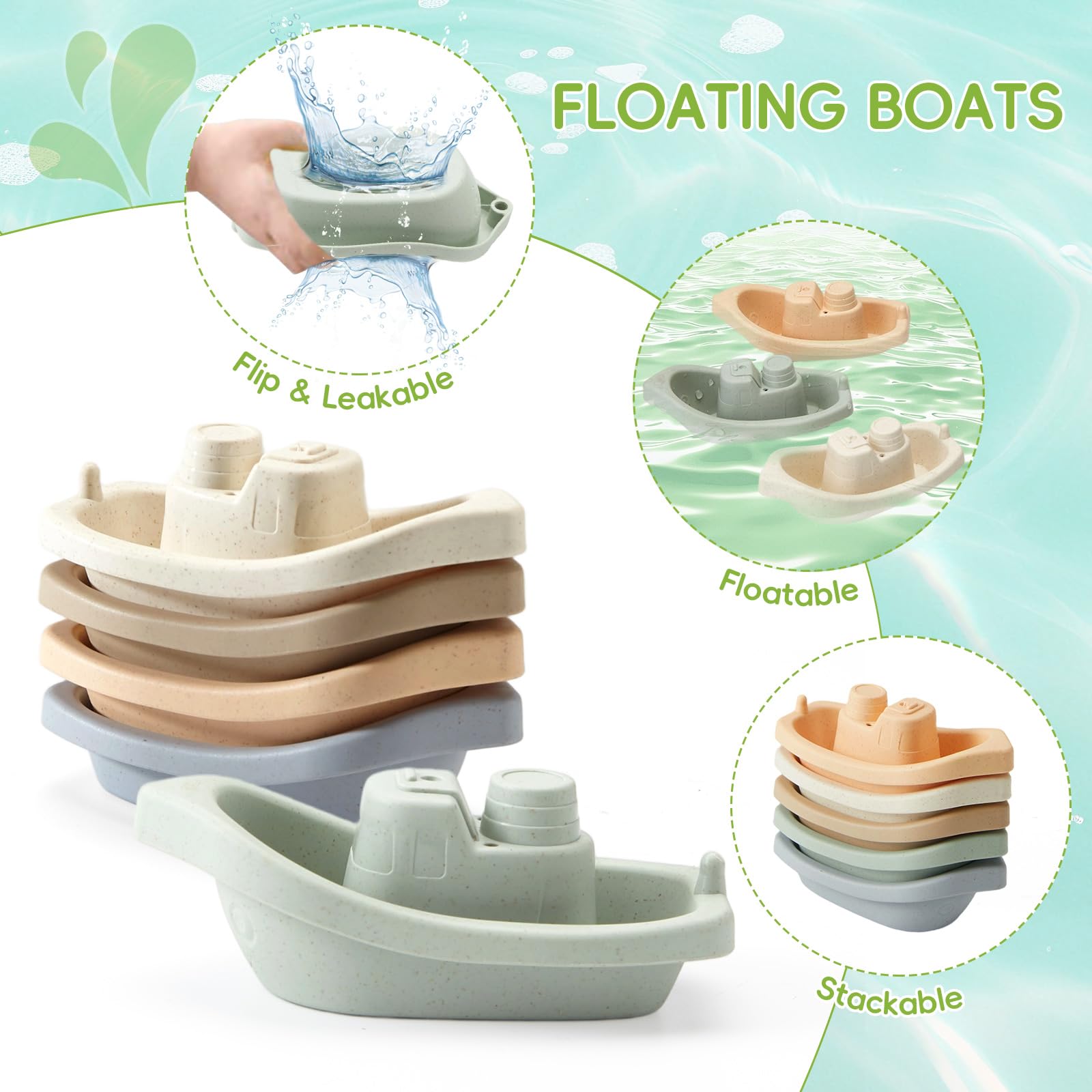 Juguetes de baño para bebés, 9 juguetes de baño sin moho para niños de 1 a 3 años, juguetes de agua con juguete de baño de silicona fácil de limpiar para bebés de 6 a 12 meses y barcos de baño seguros 6