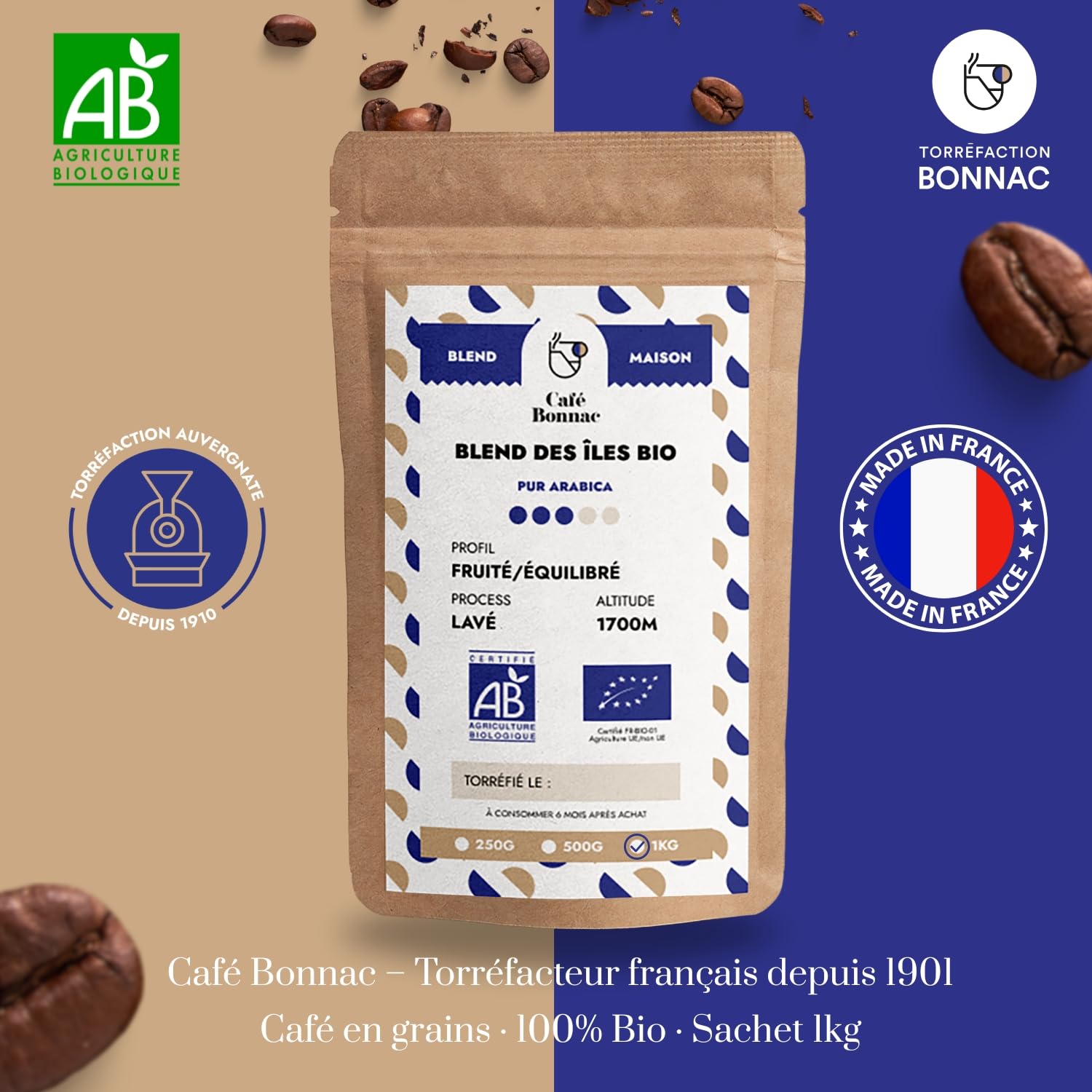 Café Bonnac – Café Bio En Grain Blend Des Îles 1kg | 100% Arabica | Notes De Vanille, Cacao Et Fruits Tropicaux | Torréfaction Artisanale | Idéal Machine À Grain