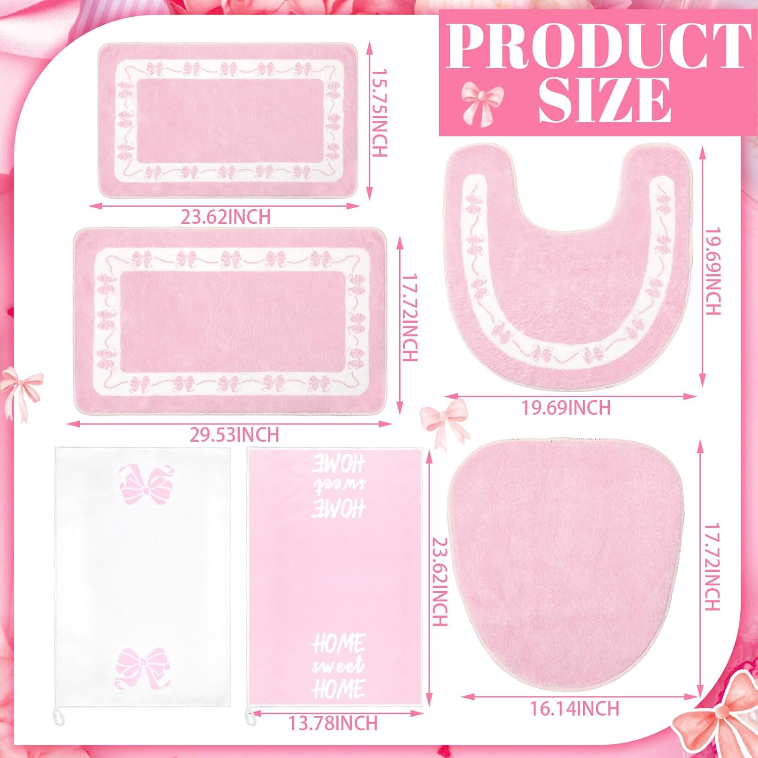 Nuanchu 6 Pcs Pink Bathroom Rugs Set with 2 Ribbon Hand Towels Non Slip U-Shaped Toilet Rug Water Absorption Bath Mat for Spring Bathroom Bedroom Living Room