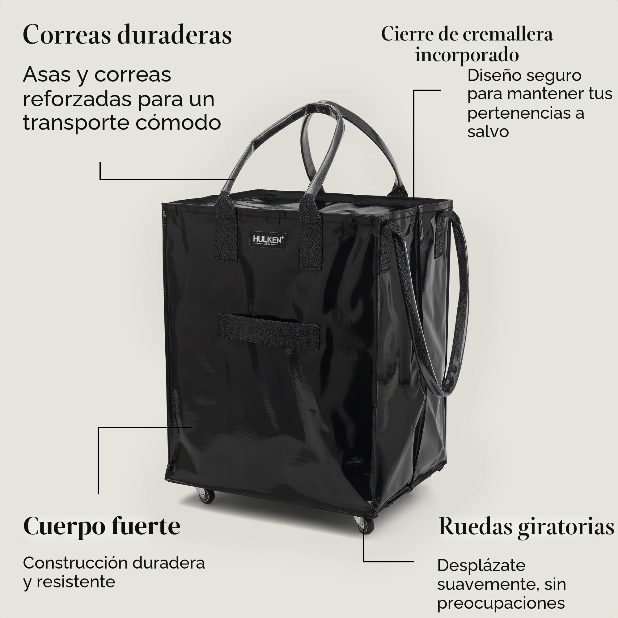 HULKEN - Bolsa de la compra grande y reutilizable con ruedas, carrito de la compra, bolsa giratoria, cierre de cremallera, ligera, soporta hasta 29,9 kg, plegable plana, asas irrompibles