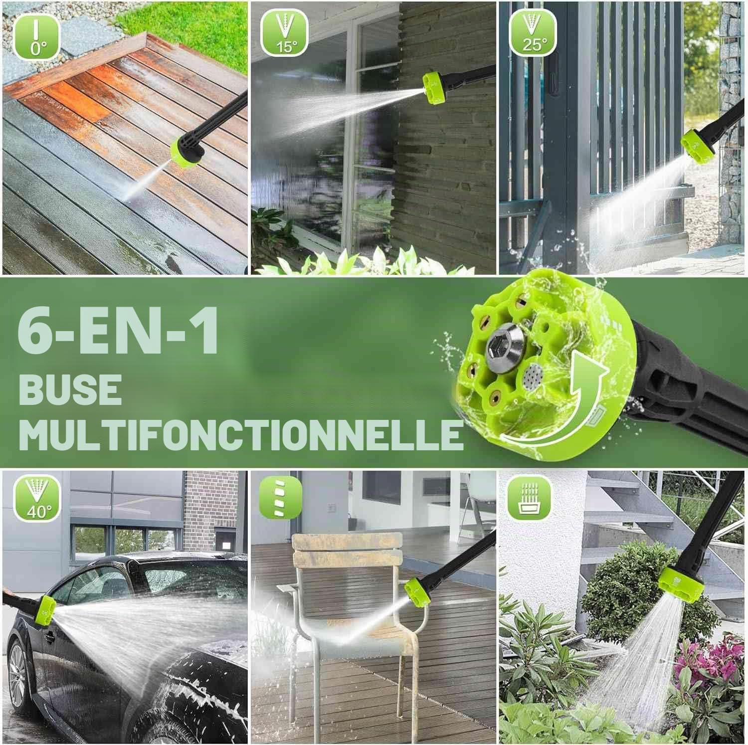 Nettoyeur Haute Pression sans Fil, 980 PSI / 120 Bar - Portable avec Pompe d'Aspiration - 6 en 1 Buses & Détergent - pour Voiture, Terrasse, Jardin (5m Tuyau) (A-2 Batterie)
