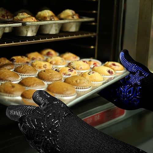 Miniatura 5 de Guantes para horno de barbacoa, guantes de parrilla, resistentes al calor y al fuego, silicona de 1472 , muñeca no extendida para mayor seguridad,