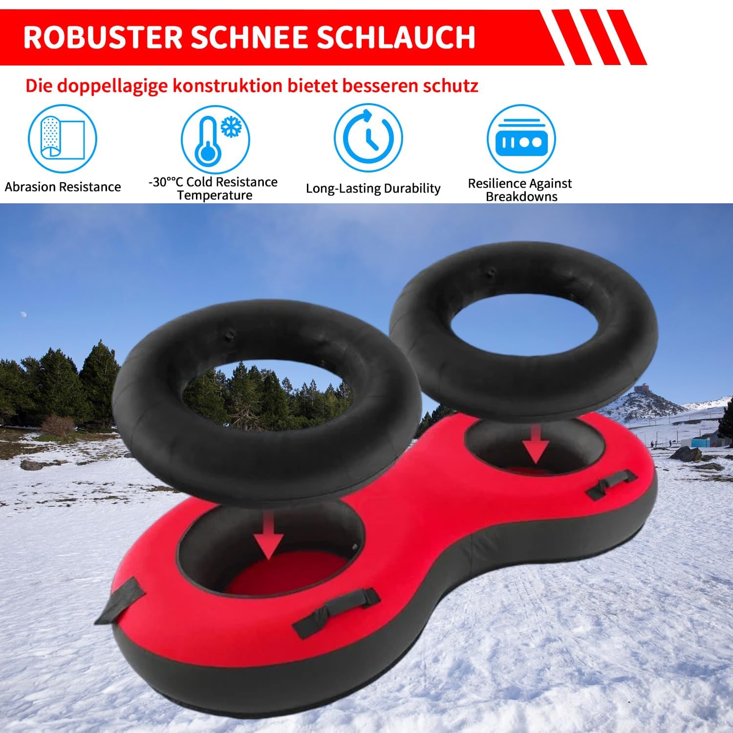 Traîneau Gonflable pour 2 Personnes, Luge Bouée Gonflable pour 2 Personnes, Traîneau à Neige Robuste en Caoutchouc avec Fond Rigide Sangle de Remorquage, Siège Rembourré