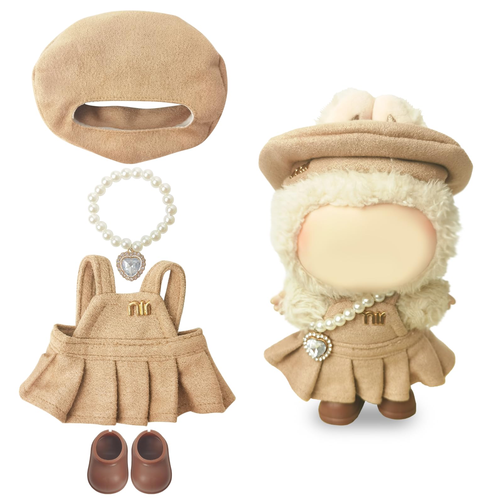 Clothes Compatible with LABUBU – Blue & White Tweed Dress with Bow, Bracelet & Shoes | 4PCS Couture-Inspired Outfit for 8-Inch Dolls (Mocha Beige Chic)