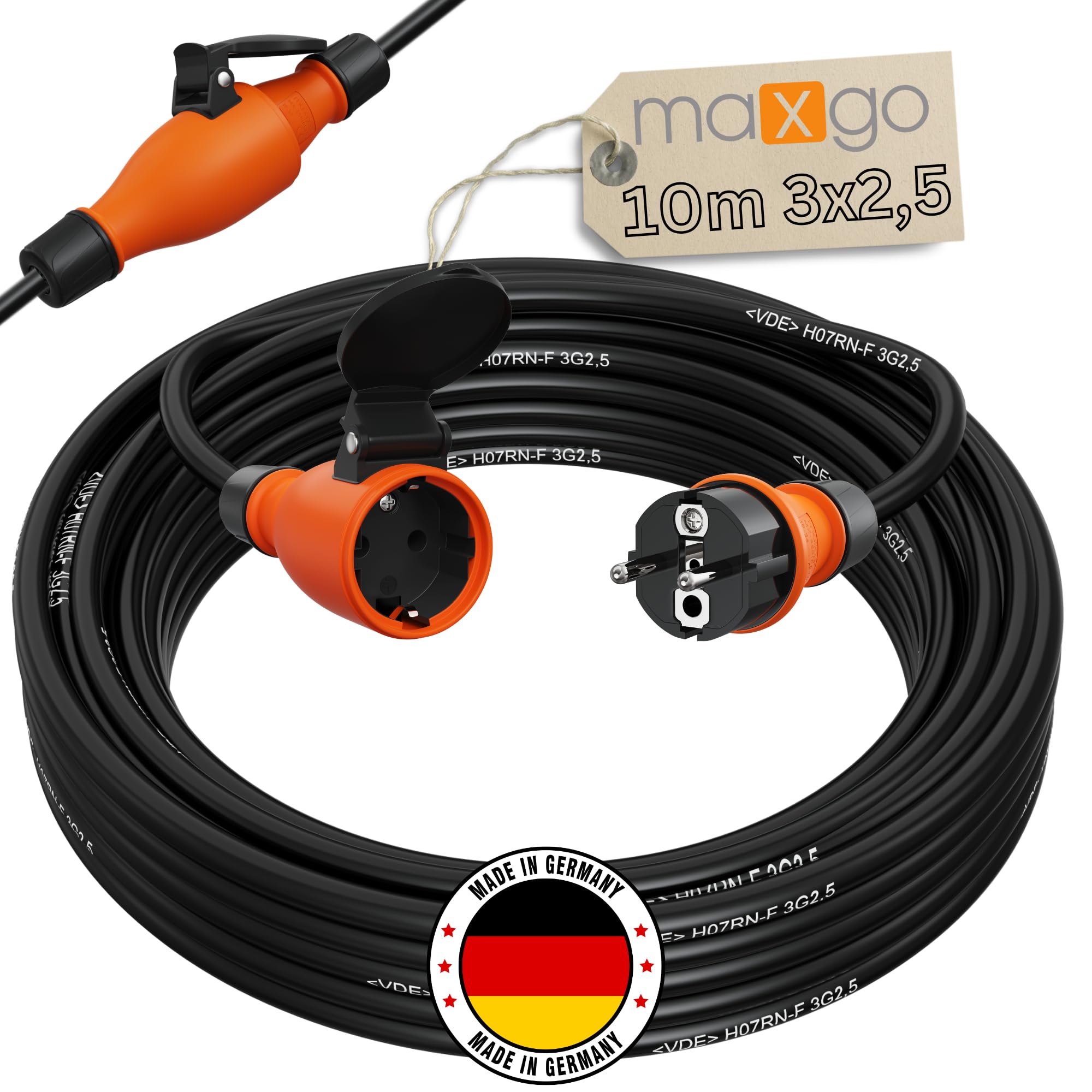Gummi-Verlängerungskabel H07RN-F 3x2,5 mm² 10m (IP44 - Außenbereich) AC 230V / 16A Schuko