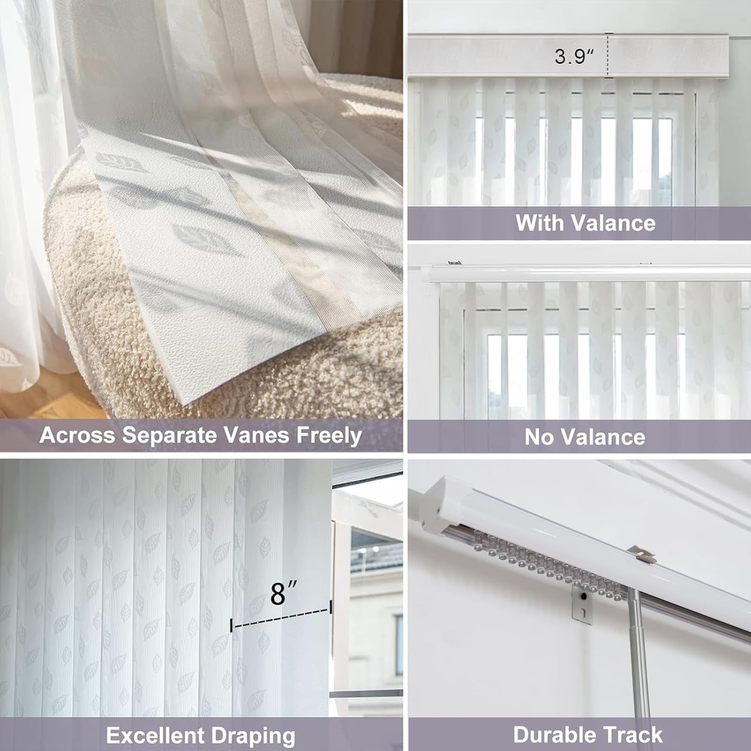 Graywind Manual Sheer Vertical Blinds Custom Size Adjust Light Fabric Sheer Free Wand Control Privacy Light Filtering Track Slats Set for Patio Sliding Glass Door Large Window (Leaf White)