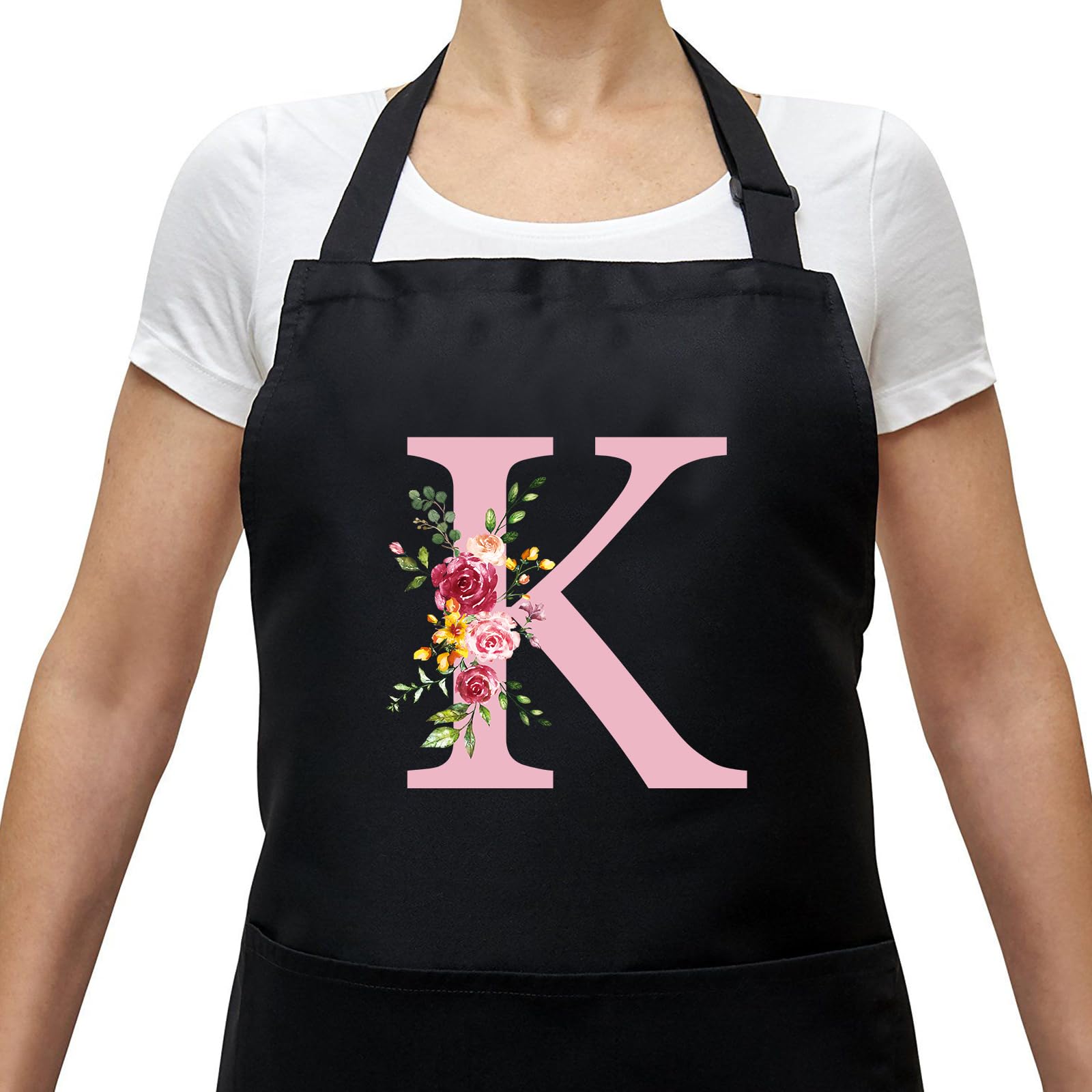 Kitchen Apron Women with Initial and Flowers, Waterproof Aprons with Pockets, Adjustable BBQ Apron for Kitchen Coffee Gardening Baking, Birthday Gift for Mom Wife Grandma K, K