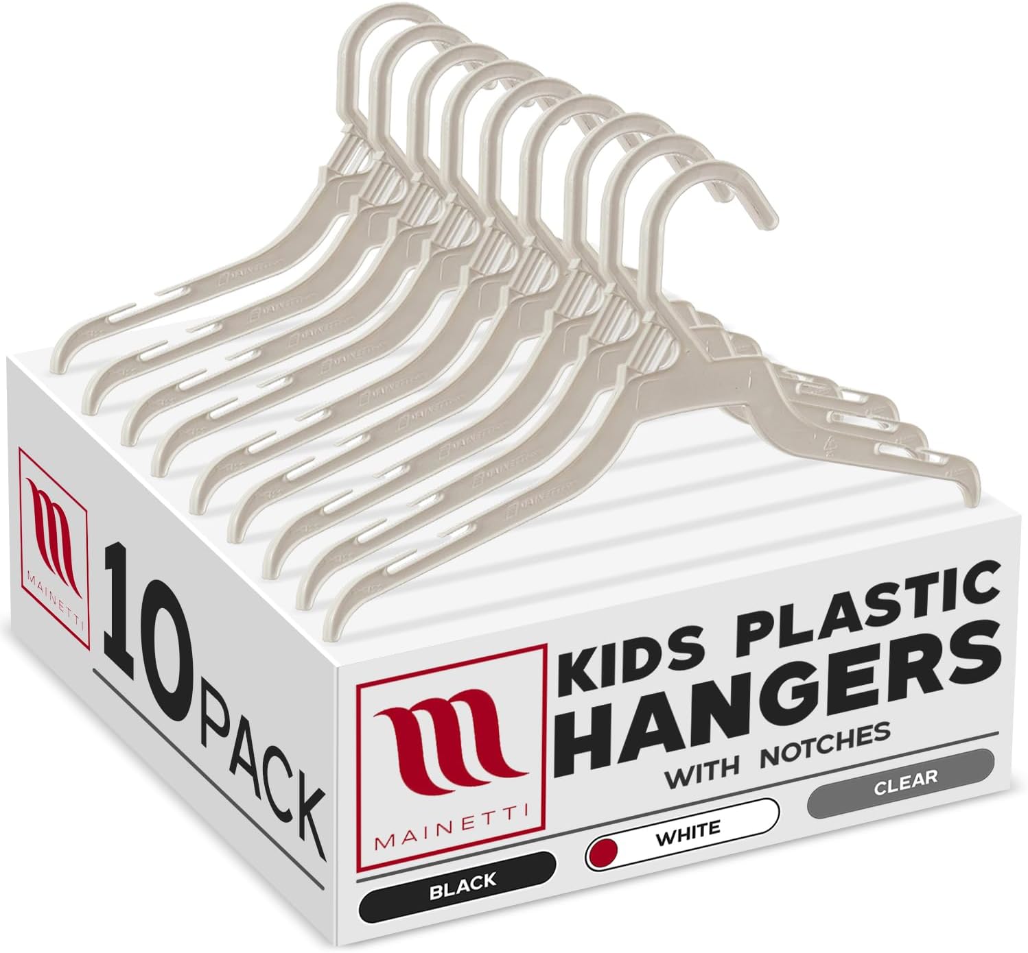 Mainetti 226 White All Plastic Hangers - 10 Pack with Notches for Straps, Great for Shirts/Tops/Dresses, 12 Inch