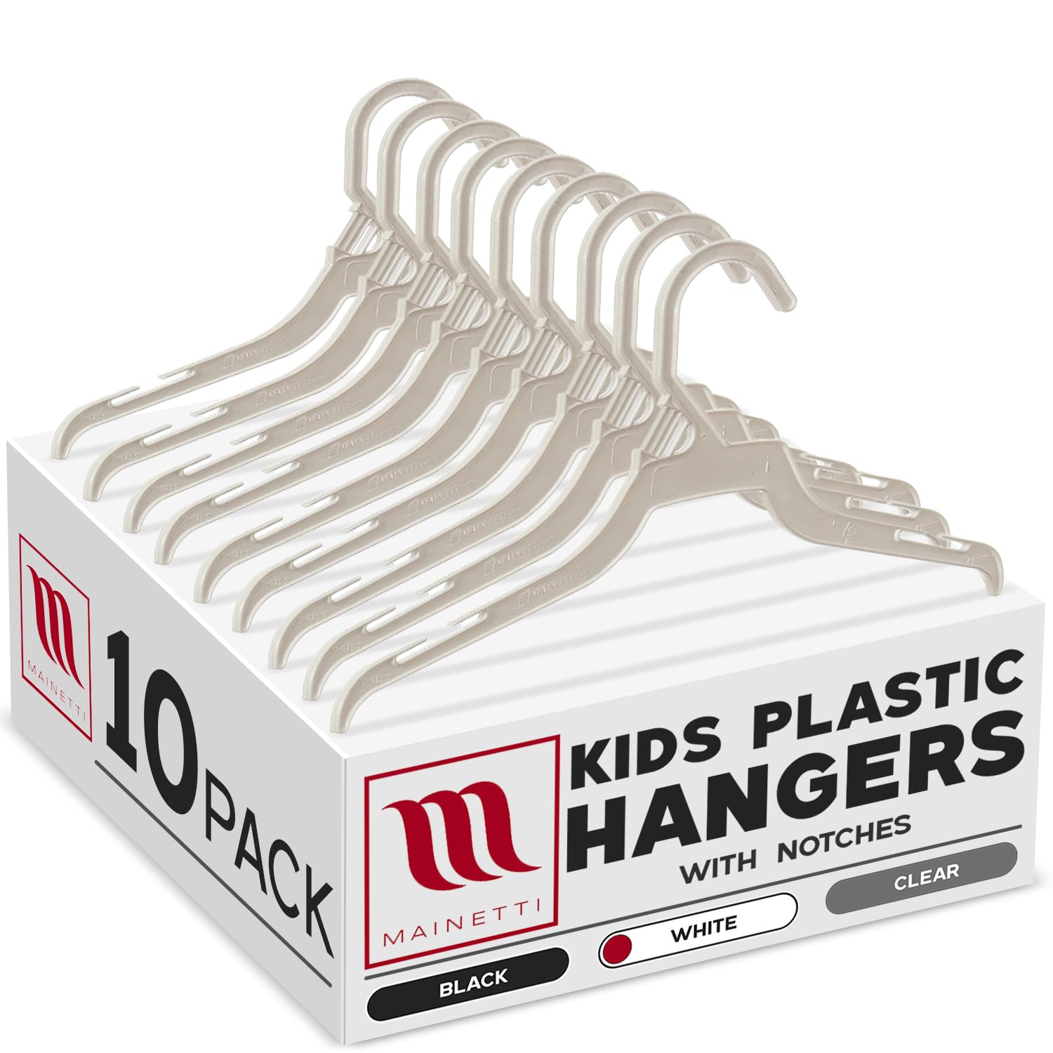Mainetti 226 White All Plastic Hangers - 10 Pack with Notches for Straps, Great for Shirts/Tops/Dresses, 12 Inch