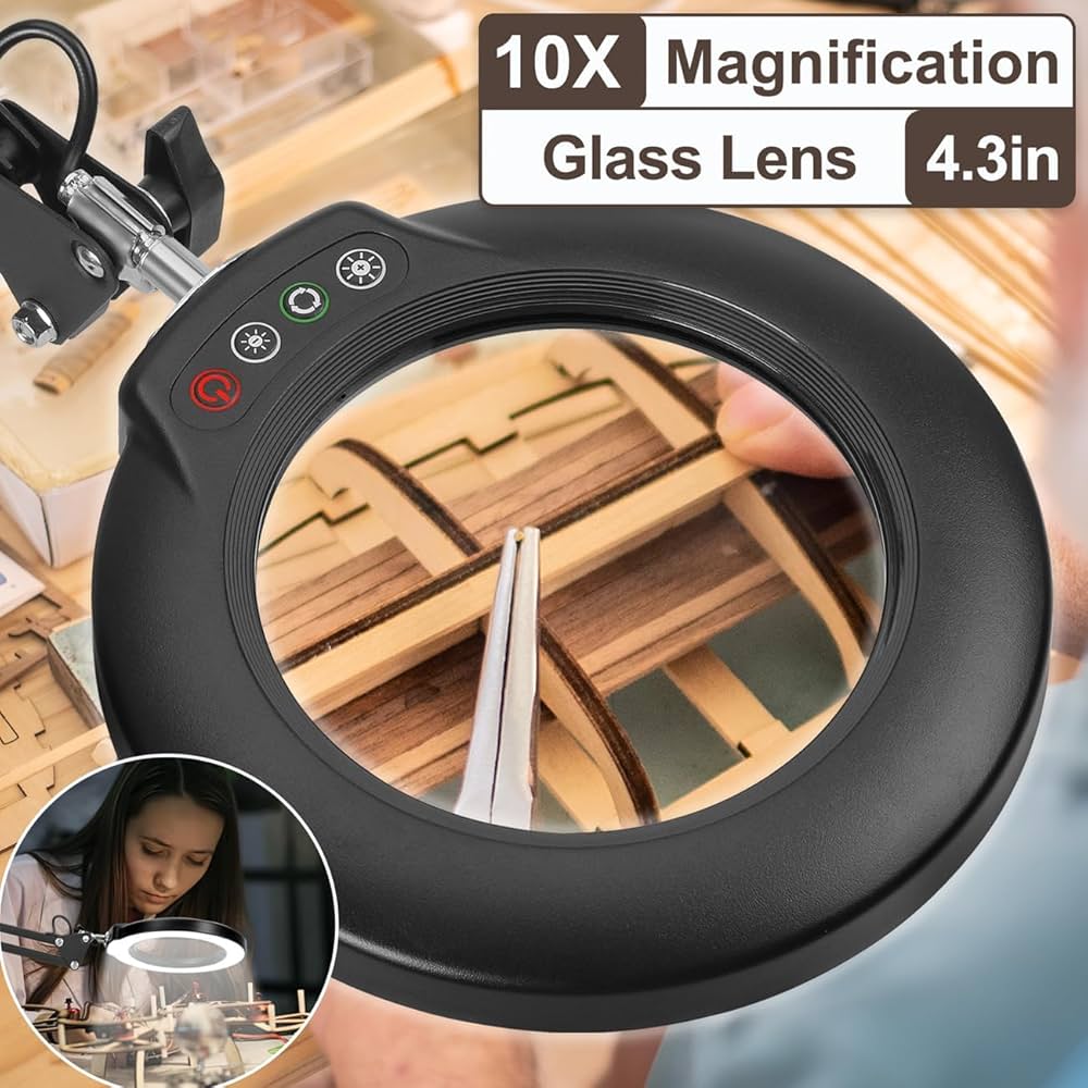 10X Magnifying Glass With Light And Stand, Real Glass Lens 3 Color Modes Stepless Dimmable Hands Free Adjustable Arm Led Lighted Magnifier Desk Lamp Clamp Crafts Rea
