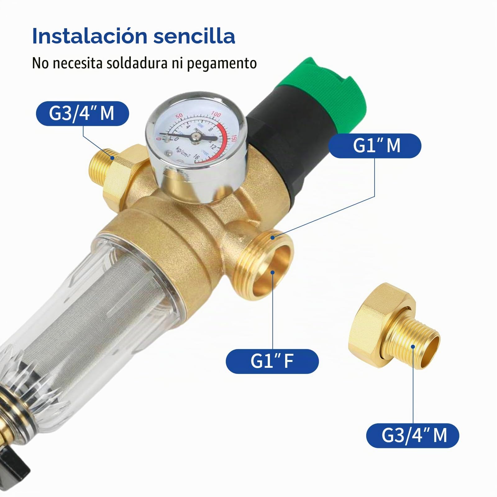 Filtro de retrolavado y reducción de presión con manómetro, reductor de agua, prefiltro de sedimentos, filtro enjuagable fino para sedimentos spin down (1''