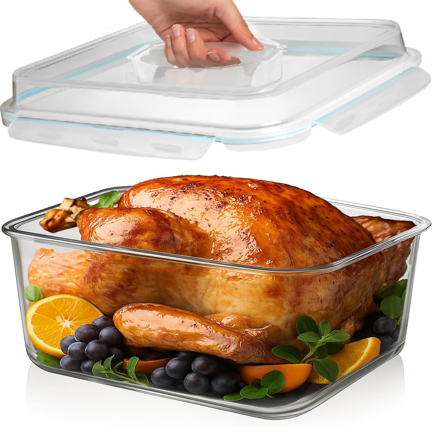 Recipiente grande de vidrio para almacenamiento de alimentos con tapa hermética, ideal para almacenar alimentos, verduras, frutas, cazuela para hornear, lasaña, pavo asado, pollo, sin BPA, apto para