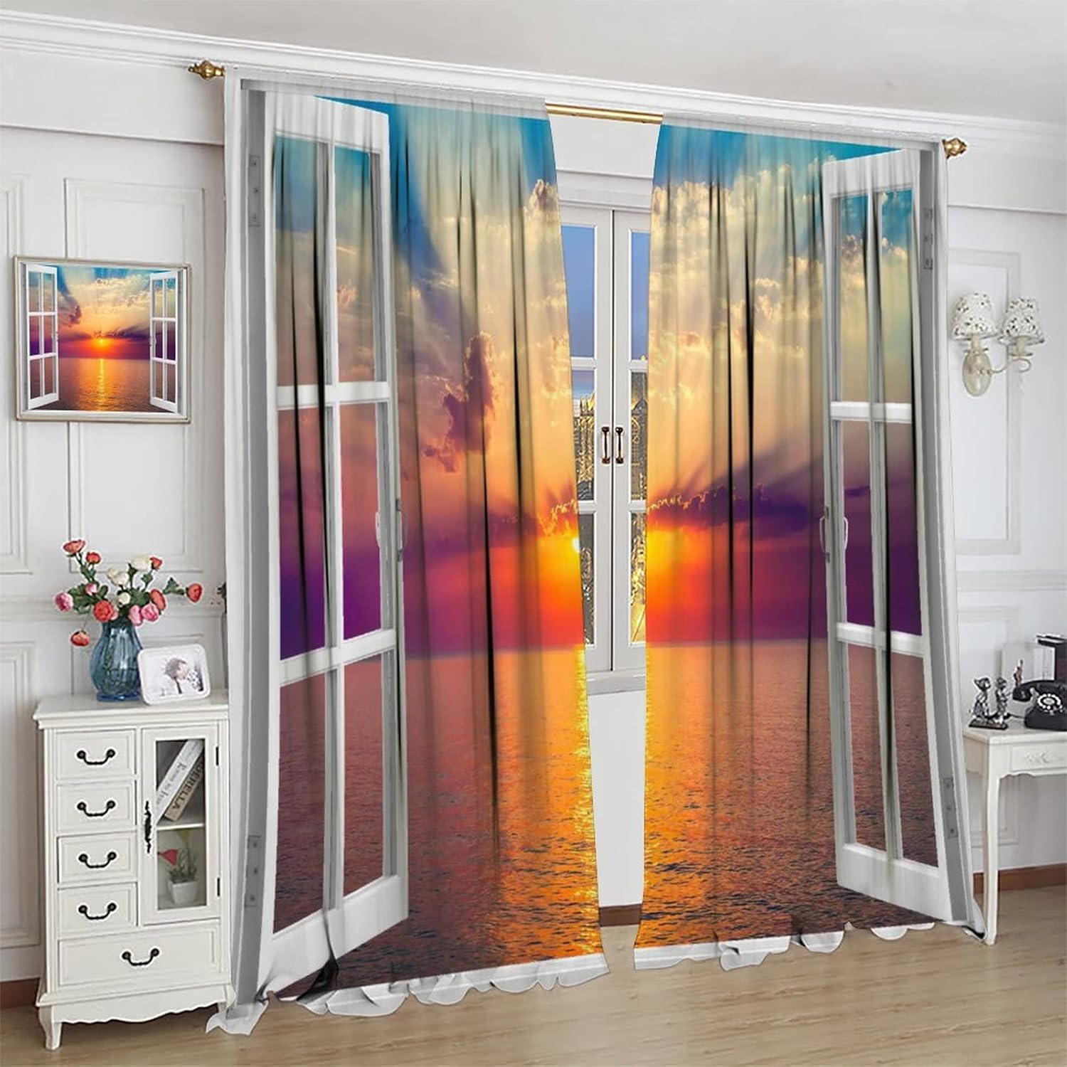 Sea Sunrise Curtains White Wooden Window Scenery Decor Blackout Curtainsfor Home Kitchen Office Coffee Room Curtains Window Curtain 2 Panels 42x45 Inch