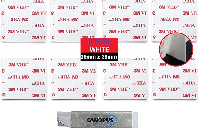 CANOPUS Double Sided Sticky Pads Heavy Duty White, 8 PCs (38mm x 38mm), Thickness (1.1mm) Waterproof Adhesive Pads, Mounting Pads, Number Plate Pads, Ideal for Indoor and Outdoor use