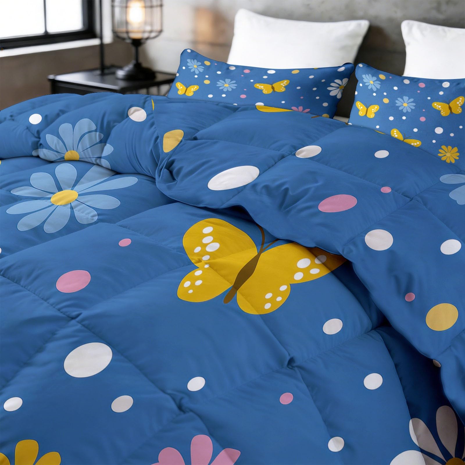 Gelber Schmetterling Kleine Blumen Bettdecke 220 x 240 cm 4 Jahreszeiten Steppdecke, Lustiger Cartoon Ganzjahresdecke Kleinkinder Bettwaren Set Kinderzimmer Mädchenzimmer Bettdecke Ohne Bezug