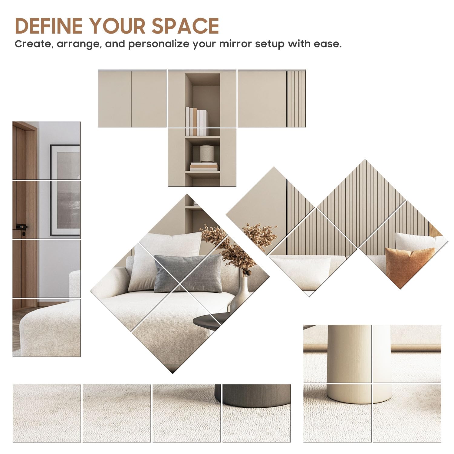 4PCS 14"x12" Full Length Wall Mirror Tiles,Wall Mirrors Decorative Shatterproof Self Adhesive Glass Mirror Tiles for Bedroom,Dorm, Gym