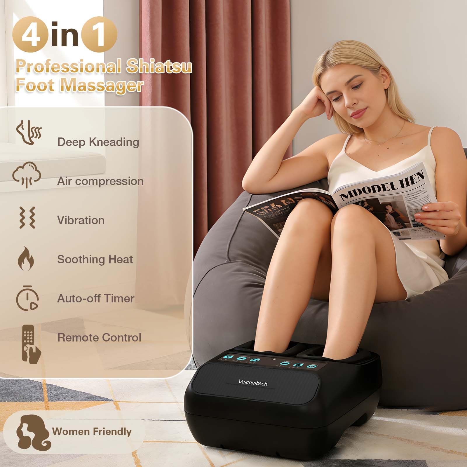 veicomtech Shiatsu Fußmassagegerät mit Wärme, elektrisches Massagegerät für Plantarfasziitis Neuropathie mit Fernbedienung, Vibration und Kompression einstellbar (schwarz)