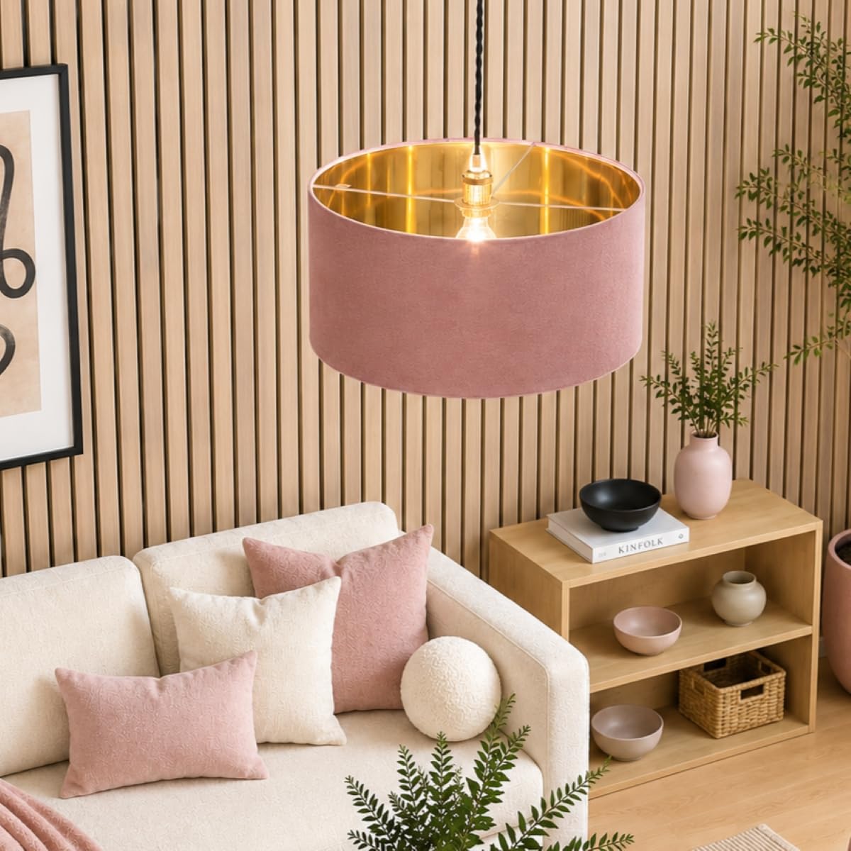 CGC Lighting Indoor Ceiling Lampshade Large Velvet Fabric Lamp Shade 45cm Diameter Gold Reflective Inner Drum Pendant Table Lamp Bedroom Dining Room Lounge (Mauve & Gold)