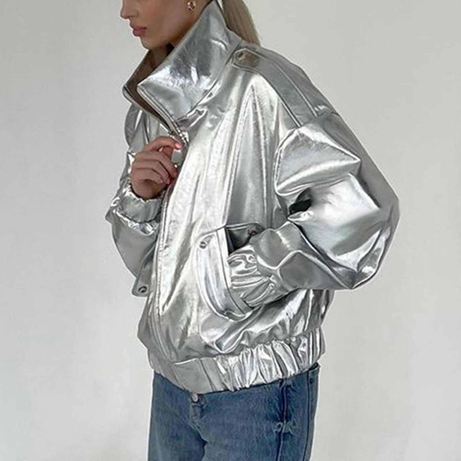 Damen Weihnachten Glitzer Jacke Langarm Holografisch Glänzend Metallic Party Revers Pailletten Jacke