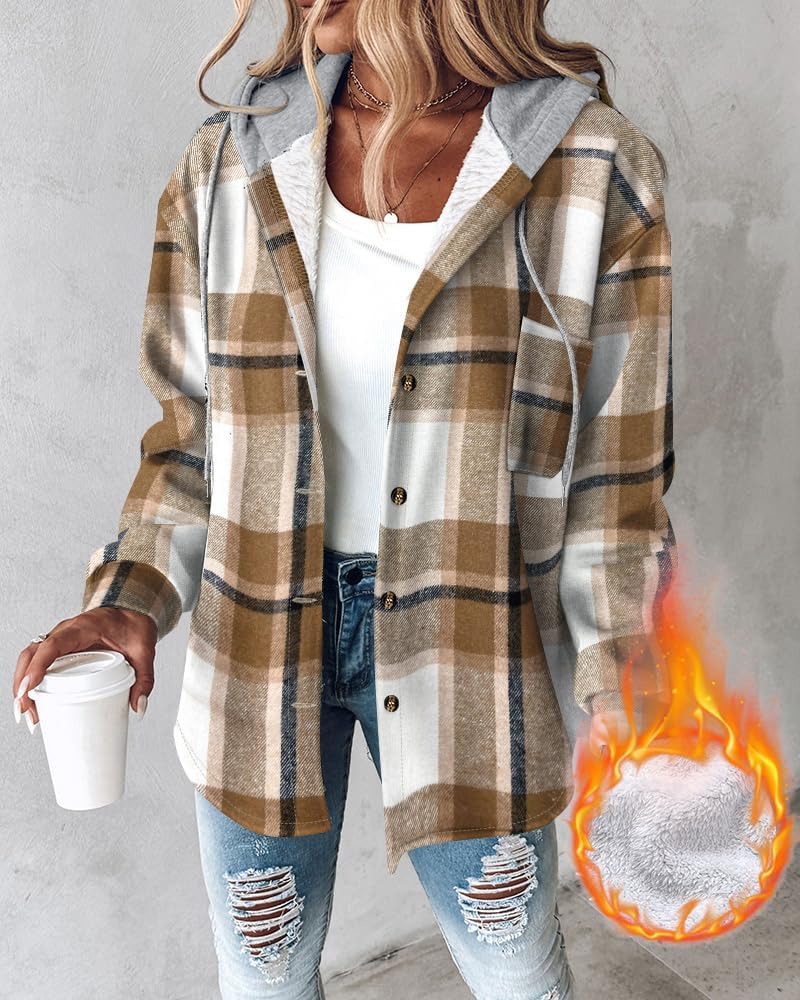 CHICME Womens Lightweight Casual Jacket Plaid Long Sleeve Shacket Fleece Lined Hooded Jackets Warm Coat - Image 3