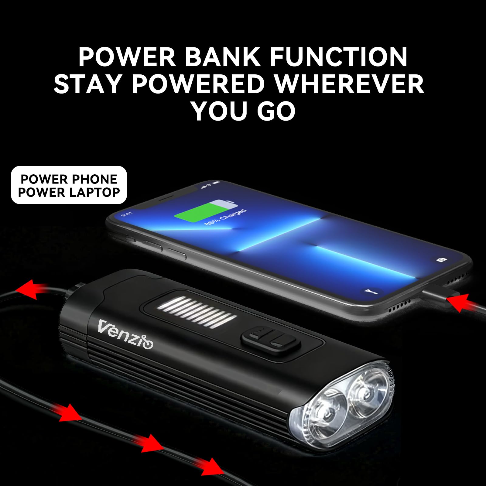 Venzio Fanale anteriore da 1000 lumen, ricaricabile USB-C, a LED, con batteria da 4800 mAh, impermeabile IPX4, 8 modalità, luce multifunzione per guida notturna, strada, montagna e uso pendolari
