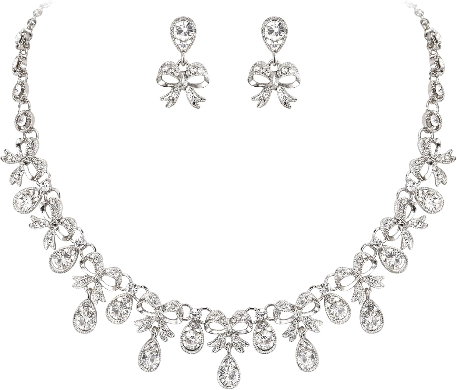 EVER FAITH Austrian Crystal Bridal Bow Jewelry Sets, Rhinestone Costume Prom Wedding Party Bowknot Teardorp Necklace Dangle Earrings Set for Women