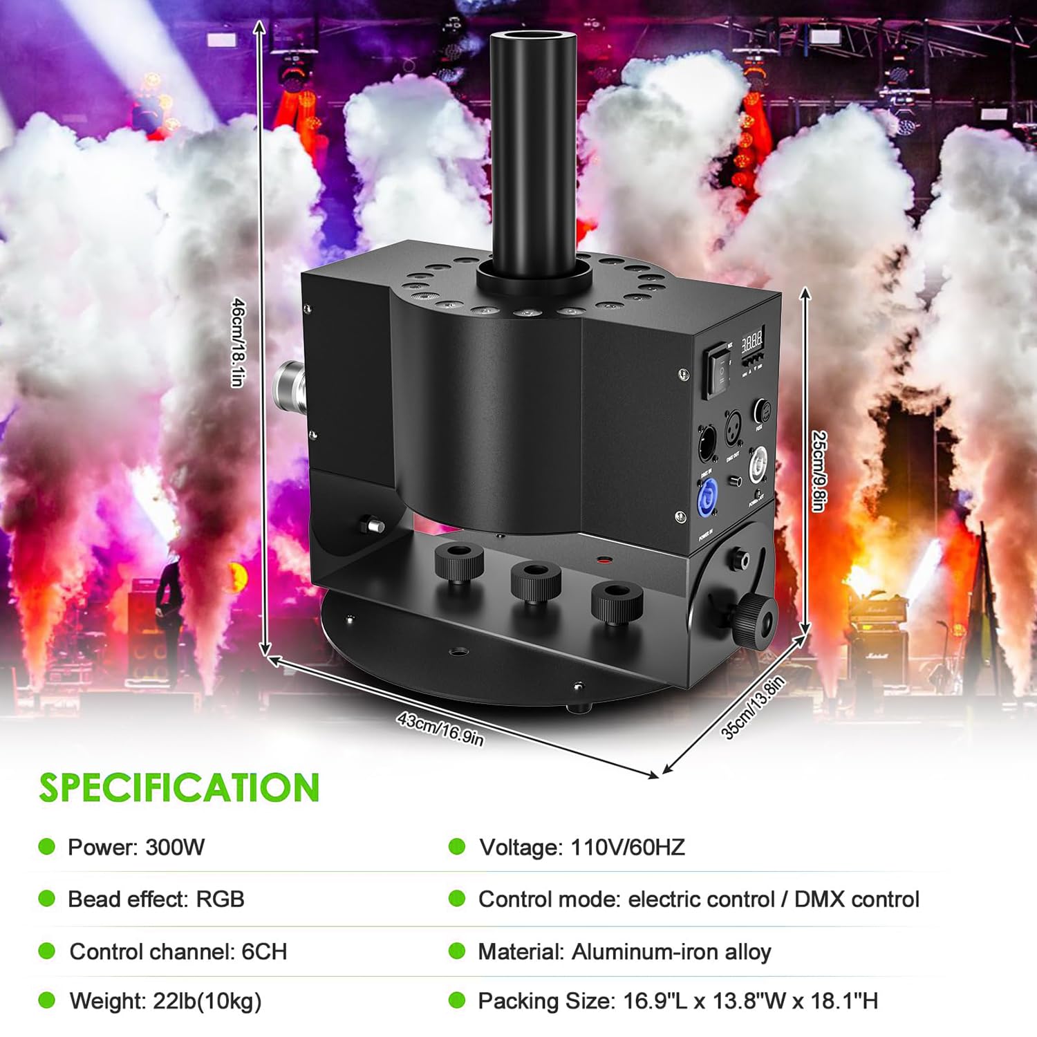Wytwornice mgły scenicznej CO2, maszyna CO2 o mocy 250 W z diodami LED RGB 18 × 3 W, regulowany kąt rozpylania 180° i odległość rozpylania 8–10 m