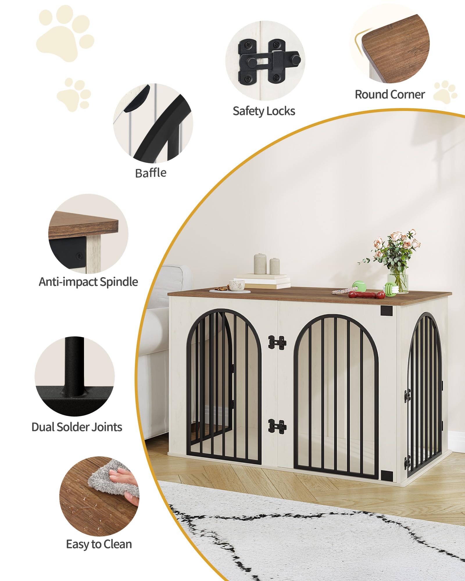 Hzuaneri Hundekäfig Möbel, 108 cm Hundebox für Zuhause, 3 Türen, Bogentür, Moderne Hundebox Indoor für Hunde, Beistelltisch, Hundekäfig Hochbelastbar, 108 x 64 x 76 cm, Weiß Braun DFC86014B