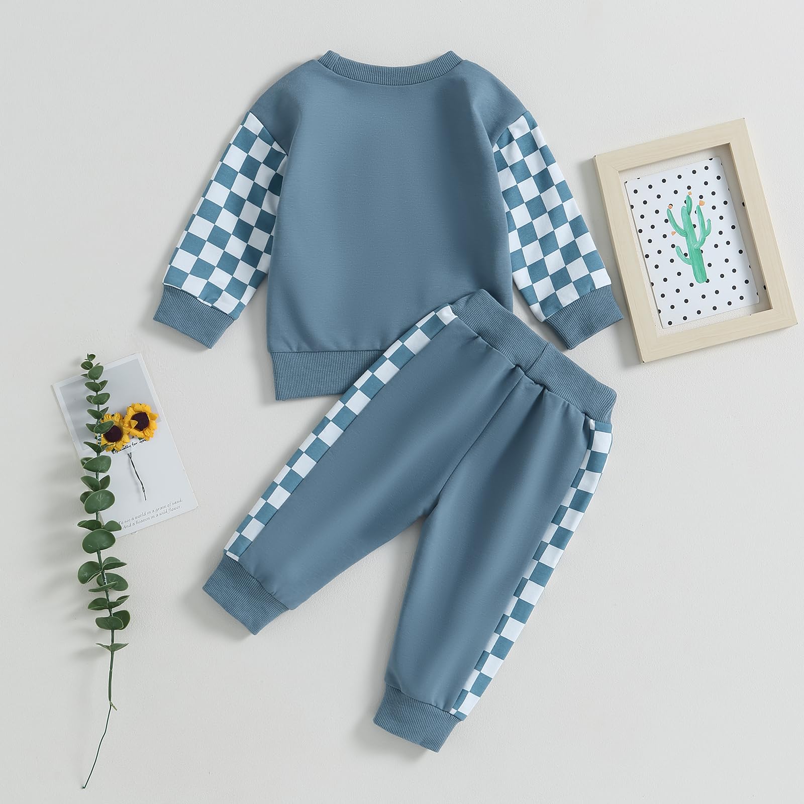 Fall Winter Toddler Baby Boy Clothes 2Pcs Color Block Crewneck Sweatshirt and Pants Sweatsuit Little Boy Clothing (Checkboard Blue, 12-18 Months)