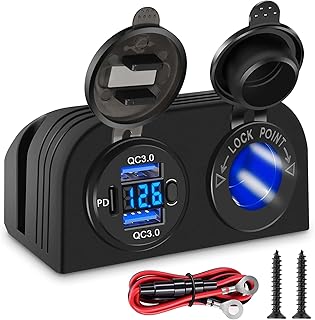 3 in 1 Tent Type Panel, 2 Hole USB Socket Tent Panel, PD Charger Socket + QC3.0 Dual USB Car Charger + 12V/24V Cigarette Lighter Socket + LED Voltmeter, USB Outlet Panel for Car Boat Marine ATV Truck