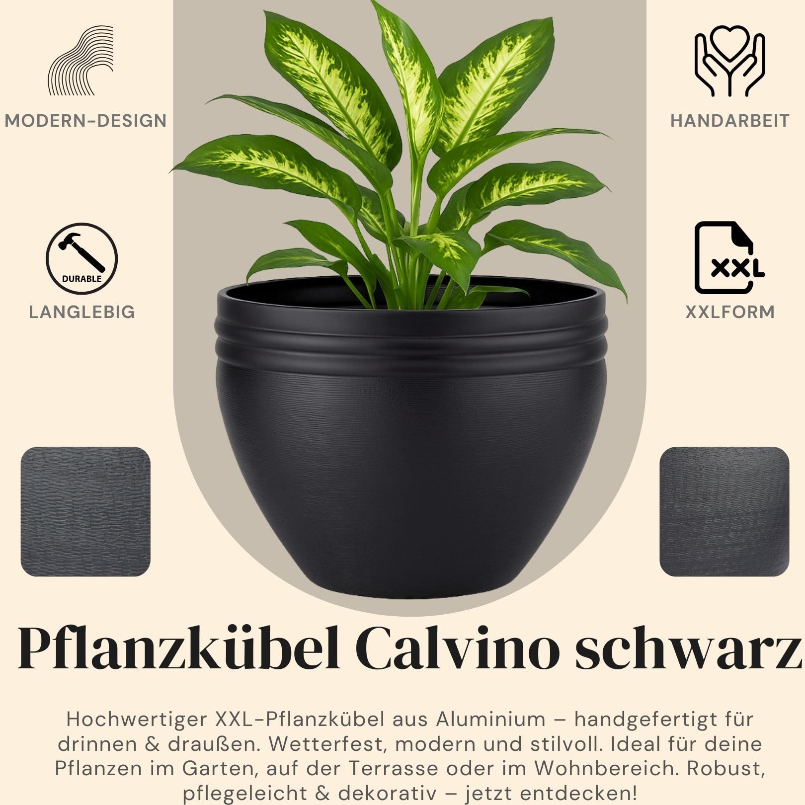 Marrakesch XXL Aluminiowa donica na kwiaty, Ø 47 cm, czarna matowa, 61 l, duża, okrągła, do użytku na zewnątrz, do użytku wewnątrz i na zewnątrz, do ogrodu, na balkon i do salonu