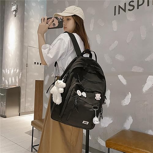 Miniatura 7 de Mochila Kawaii con oso de peluche, accesorios de pin kawaii, bonita bolsa de libros estética, bolsas escolares para niñas y adolescentes, Negro