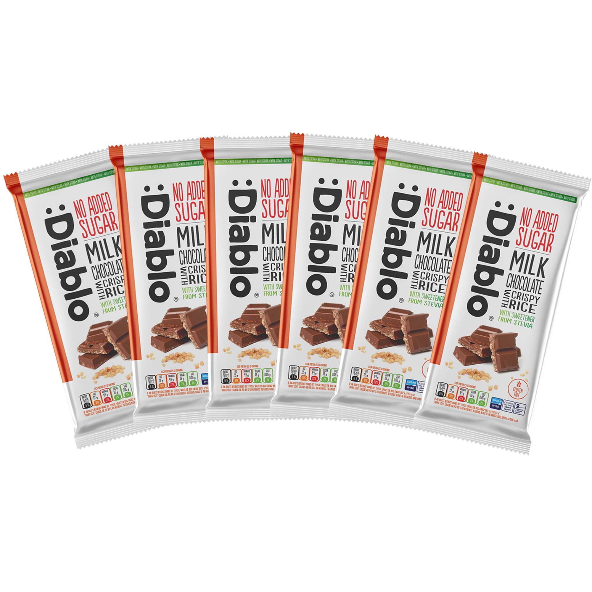 Diablo No Added Sugar Chocolate Bar – Milk Chocolate with Crispy Rice, Sweetened with Stevia, Gluten Free, Ideal for Any Occasion, Birthdays, Valentines, or Gift Hampers, 75g (Pack of 6)