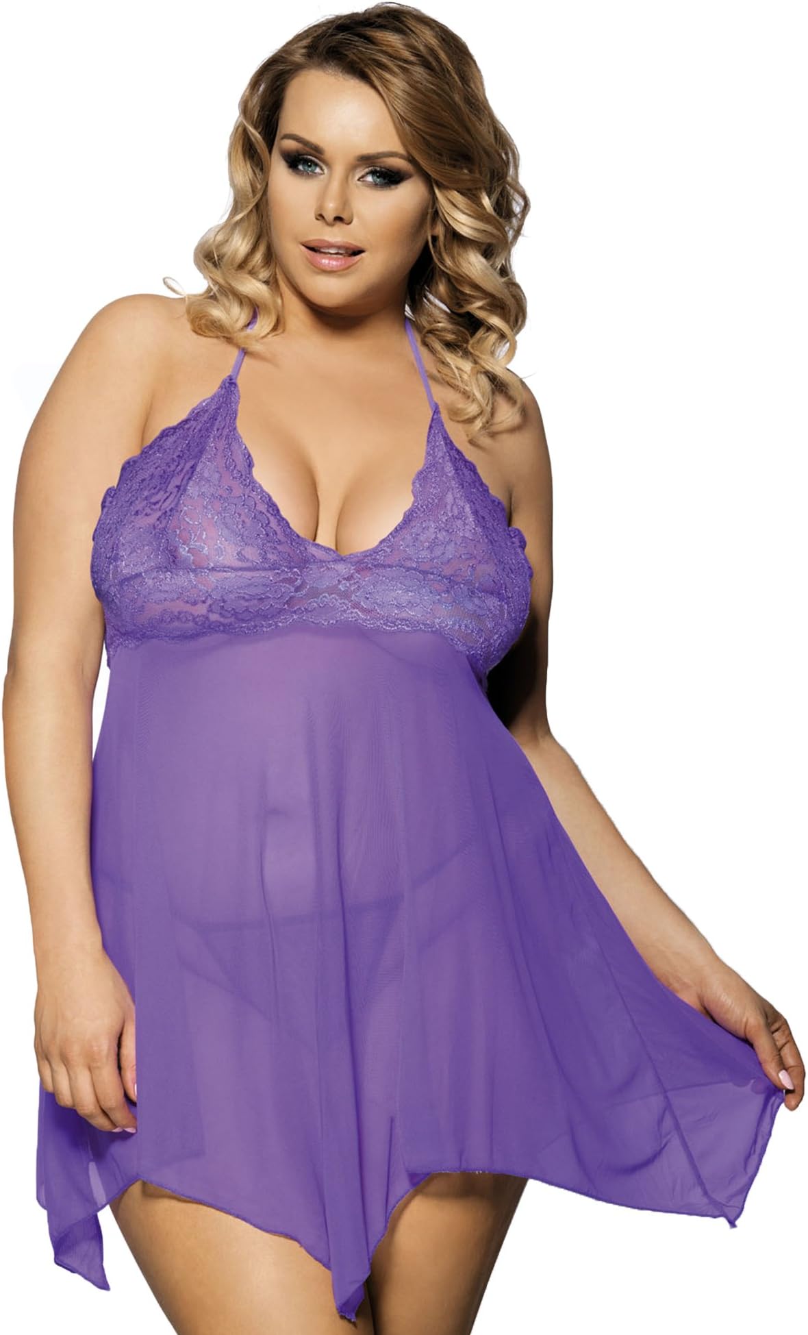 Sharelove Sexy Womens Plus Size Transparent Halter Babydoll,Purple, X-Large