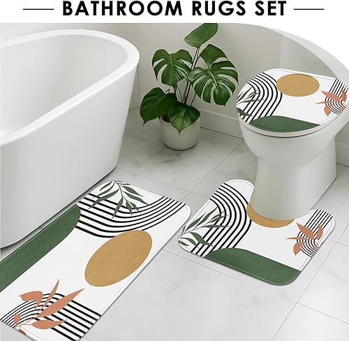 Miniatura 5 de Juego de Cortina de Ducha Boho de Mediados de Siglo con Tapa de Inodoro y Alfombras Antideslizantes, Verde Abstracto 4 Piezas Cortina de Ducha Boho