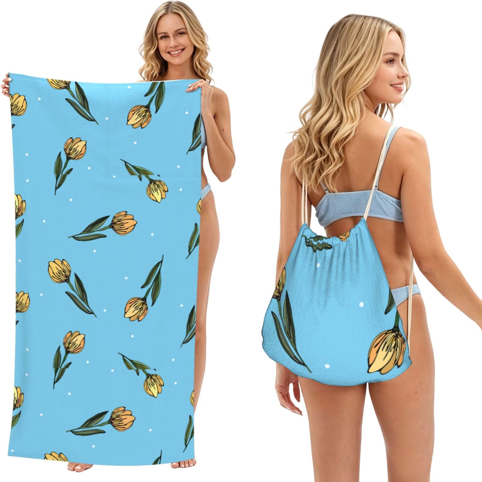 Poadnly As Picture Hand Drawn Yellow Tulips, 2 In 1 Packable Towel Bag, Beach Towels With Drawstring Backpack For Travel Holiday Camping
