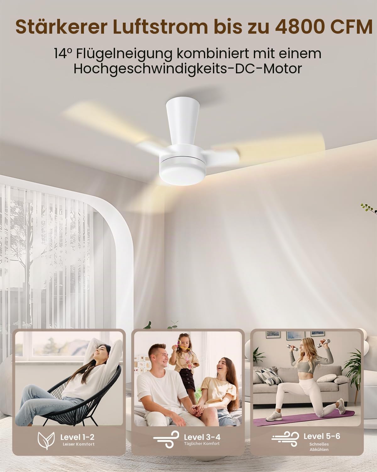 Deckenventilator mit Beleuchtung 106cm, Deckenventilator mit Licht und Fernbedienung, Leise Reversibel DC Motor, LED Dimmbar, 3 Snap-In-Flügel, Schlafzimmer Wohnzimmer, Gelbe Holzmaserung/Weiß