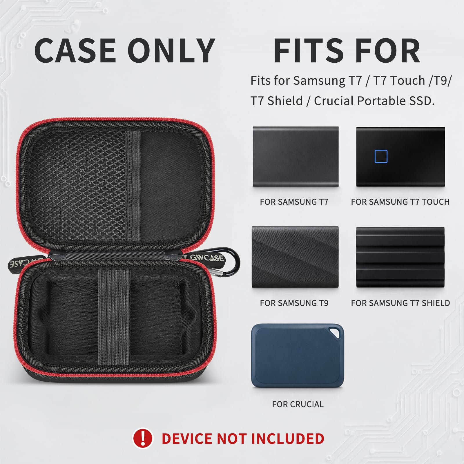 GWCASE Funda rígida compatible con Samsung T7 / T7 Touch SSD portátil, organizador de viaje a prueba de golpes con bandeja interior extraíble y trabillas para los dedos, bolsillo de malla para cables