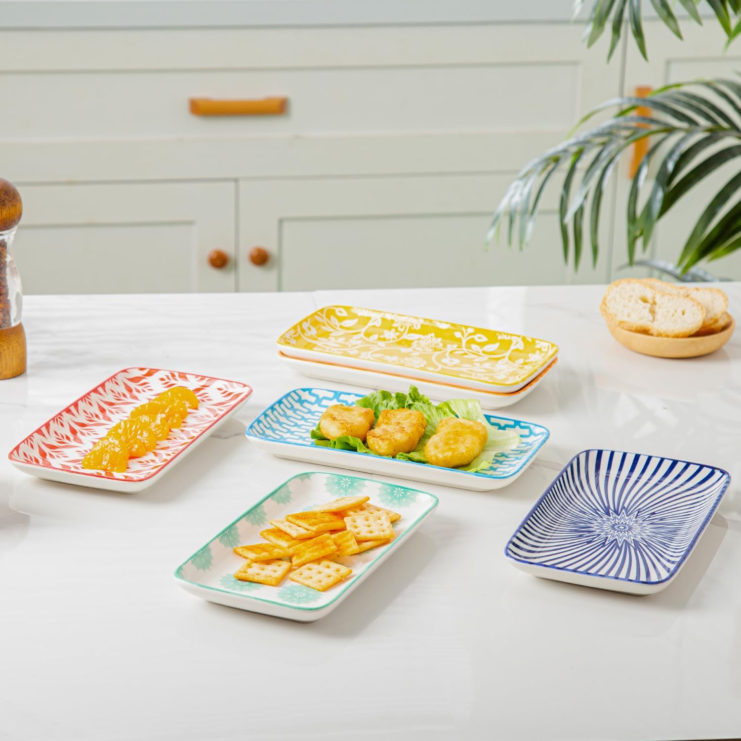 Ceramic Rectangle Salad Plates Set - 8.1" x 4.5" Rectangular Serving Trays - Serving Platter for Sushi Dessert Pasta Appetizer Dinner - Microwave Dishwasher Safe - Set of 6 - Assorted Colors