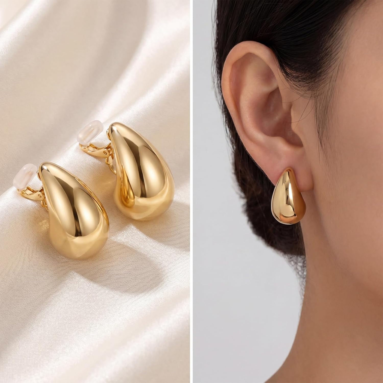 Teardrop Chunky Non Pierced Earring, Gold Ball Clip On Earrings, Gold Drop Clip on Earrings Dupes Ears Trendy Lightweight Clip-On Earring